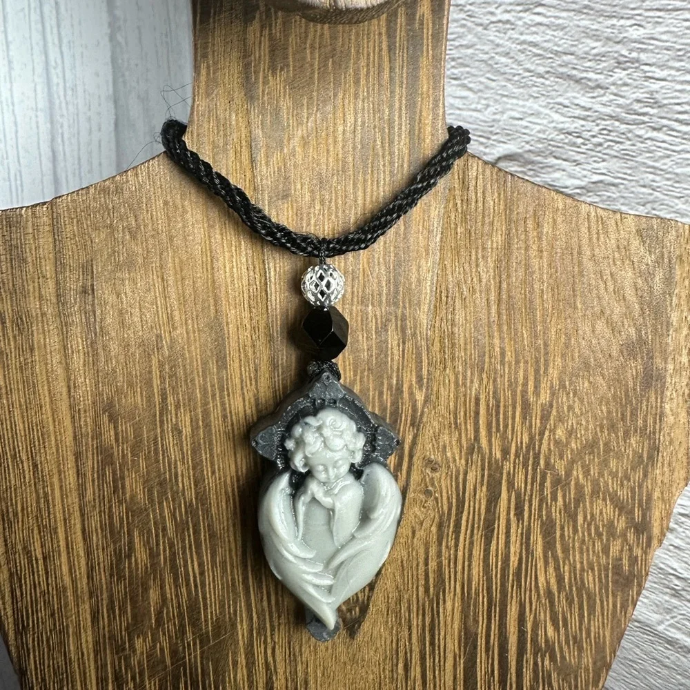 Tai Chi Stone Angel Pendant Necklace on Black Rope